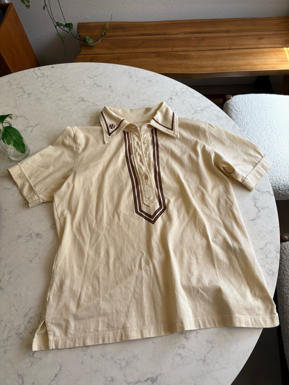Tory Burch Sport Retro Cream Short Sleeve Polo with Brown Trim